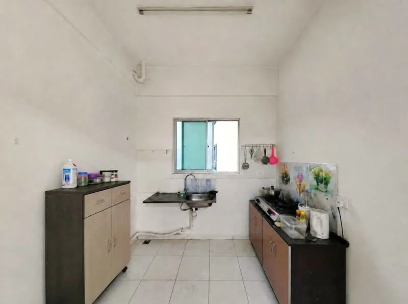Kitchen features: white painted walls, white tile flooring, single-bowl stainless-steel sink, chrome pull-down faucet, black countertop, wood cabinetry in light color, dark cabinetry, kitchen wall backsplash with floral design, window with green view, hanging utensils, kitchen appliances visible; style: modern.