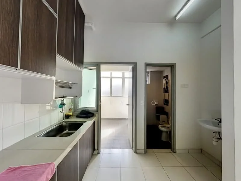 Kitchen features: single-bowl stainless-steel sink, chrome pull-down faucet, laminate countertop, white tiled backsplash, dark wood cabinetry, built-in oven, ceramic tile flooring, recessed LED downlights; style: modern. Bathroom features: one-piece toilet, wall-mounted basin, chrome basin mixer, white tiled walls, ceramic tile flooring.