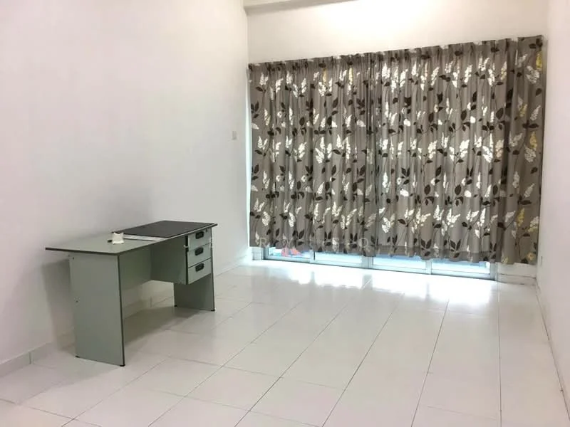 Room features: white painted walls, white tiled flooring, floor-to-ceiling windows, curtains with floral pattern, desk with drawers, natural light from windows; style: modern.