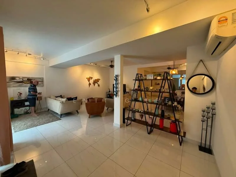 Living features: white painted walls, glossy white tile flooring, recessed downlights, 5-blade ceiling fan, sofa in cream fabric, coffee table, area rug with geometric pattern, decorative wall art, open shelving unit, floor-to-ceiling mirror, candle holders, decorative plants; style: modern. Dining features: dining table with chairs, pendant lighting, open layout to living area; style: modern.
