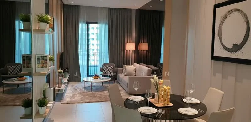 Living features: floor-to-ceiling windows, grey curtains, beige area rug, 2-seater fabric sofa in grey, armchair with geometric pattern, coffee table with round glass top, decorative wall art, wall-mounted lighting, decorative plants, open shelving unit, dining table for 4 with white chairs, table setting with wine glasses and plates; style: modern; view: city.