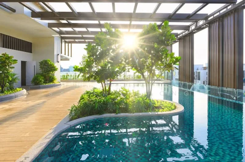 Exterior type: swimming pool deck; features: infinity pool, surrounding greenery, wooden deck, glass railing, landscaped garden, sunlight reflecting on water, modern pergola structure; style: modern.