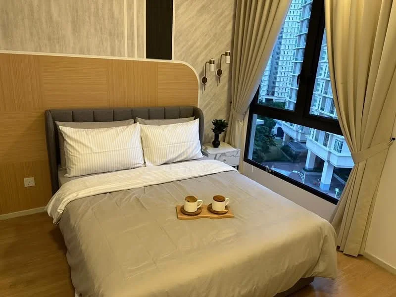 Bedroom features: queen-size bed with grey upholstered headboard, white bedding with striped pattern, nightstand with drawer, decorative plant on nightstand, floor-to-ceiling window, curtains in light fabric, wooden flooring, wall-mounted sconces, textured wall paneling, light grey accent wall; style: modern; view: city.