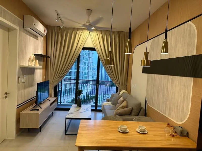 Living features: 3-seater fabric sofa in grey, coffee table with marble top, TV console with wall-mounted TV, floor-to-ceiling windows, sheer curtains, 5-blade ceiling fan with light, 2 pendant lamps, light wood paneling on walls, white painted walls, tile flooring, air conditioning unit; style: modern; view: city.