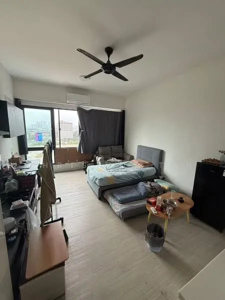 Bedroom features: queen-size bed, upholstered headboard, 2-seater sofa, coffee table, wall-mounted TV, floor-to-ceiling windows, blackout curtains, ceiling fan, wooden flooring, air conditioning unit, built-in wardrobe, decorative items on table; style: modern; view: city.