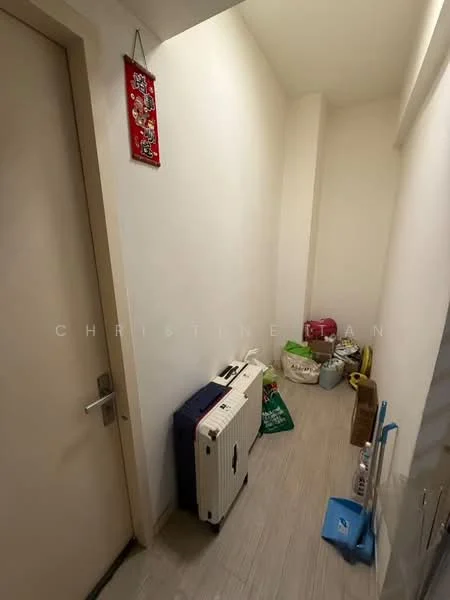 Hallway features: white painted walls, light wood flooring, single door, suitcase, plastic storage bins, cleaning supplies, shopping bags, decorative wall hanging.