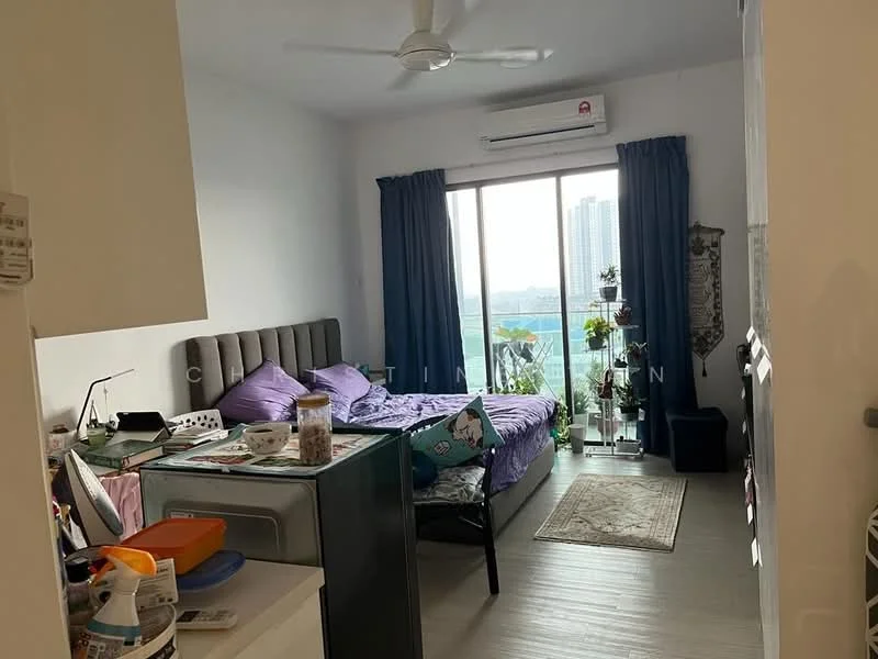 Bedroom features: queen-size bed with purple bedding, upholstered headboard, 2 bedside lamps, floor-to-ceiling window, curtains in dark blue, wooden flooring, decorative area rug, potted plants, wall-mounted air conditioning unit, study desk, framed artwork, open shelving, storage cabinet; style: modern; view: city.