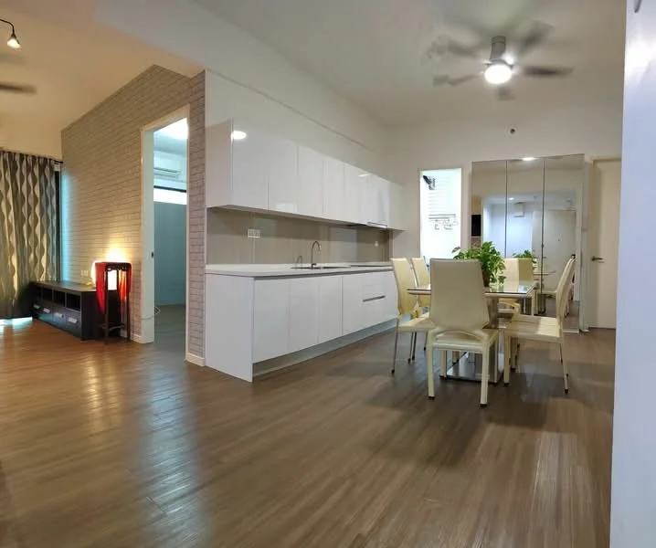 Kitchen features: white cabinetry, marble countertop, stainless-steel sink, chrome pull-down faucet, built-in oven, freestanding range oven, recessed downlights, open shelving; style: modern. Dining features: 6-seater dining table, upholstered dining chairs, pendant light, wooden flooring, decorative plant, wall-mounted TV console; style: modern. Living features: 3-seater fabric sofa, floor-to-ceiling windows, curtains, ceiling fan, wooden flooring, decorative lamp; style: modern.
