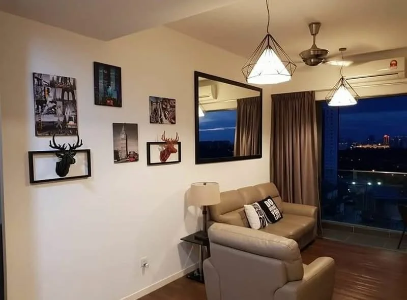 Living features: light brown leather sofa, 3-seater sofa, decorative wall art, framed mirror, pendant lighting, ceiling fan, curtains, wooden flooring, wall-mounted decor, lamp on side table; style: modern; view: city.