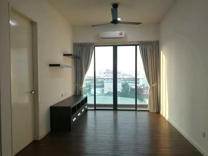 Living features: wooden flooring, white painted walls, 5-blade ceiling fan with light, floor-to-ceiling windows, sliding glass door, sheer curtains, black TV console, open shelving, city view; style: modern; view: city.