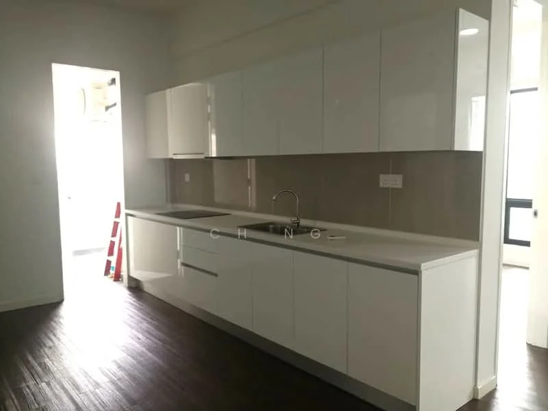 Kitchen features: white cabinetry with flat-panel doors, double-bowl stainless-steel sink, chrome pull-down faucet, light grey backsplash, laminate countertop, built-in oven, freestanding range oven, wooden flooring, recessed downlights, open shelving, wall-mounted electrical outlets, window for natural light; style: modern.