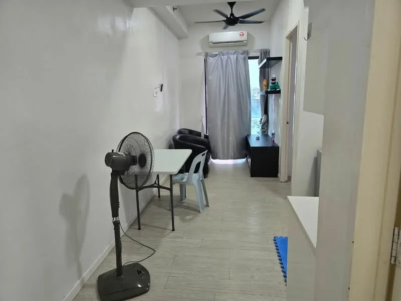 Room features: white painted walls, light-colored tile flooring, 5-blade ceiling fan, wall-mounted split AC, grey curtains, small dining table, plastic chair, black shelving unit, floor mat, window with garden view; style: modern; view: garden.