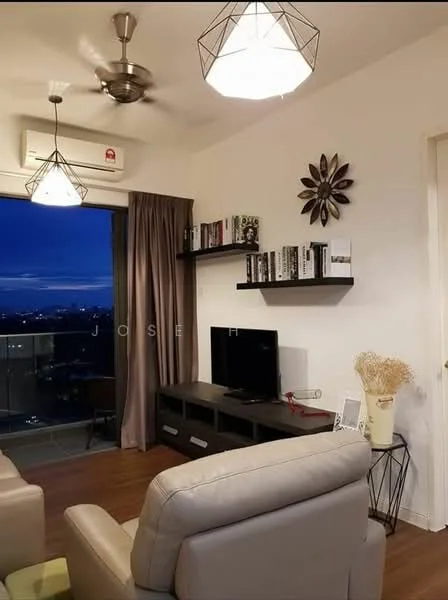 Living features: 2-seater leather sofa in light grey, 3-blade ceiling fan, recessed LED downlights, wall-mounted TV, TV console in dark wood, floating shelves with books, decorative wall clock, curtains in dark grey, wooden flooring, decorative wall art, large glass sliding door, city view from window; style: modern; view: city.