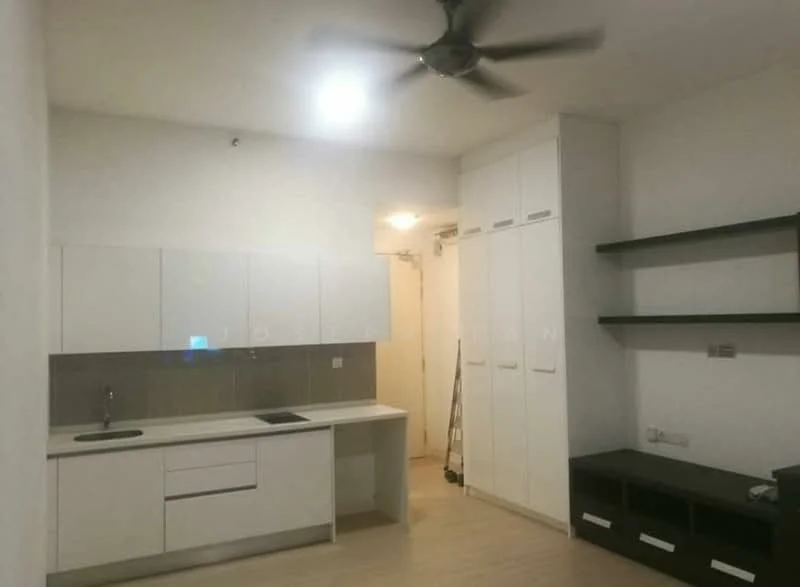 Kitchen features: white cabinetry, single-bowl stainless-steel sink, chrome pull-down faucet, white countertop, grey tiled backsplash, built-in oven, 2-burner electric hob, wall-mounted shelves, ceiling fan, light fixture, laminate flooring, storage cabinets, open shelving; style: modern.