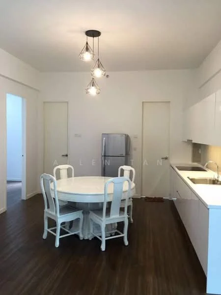 Kitchen features: white cabinetry, round dining table, four white dining chairs, stainless-steel fridge, white countertop, under-cabinet lighting, wooden flooring, pendant light fixture; style: modern.