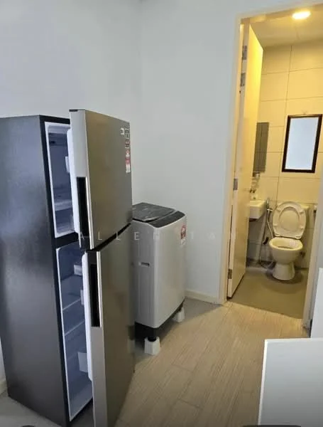 Laundry features: black fridge, silver washing machine, light grey tiled flooring, white walls, small window, toilet visible in adjacent room, doorway leading to bathroom.