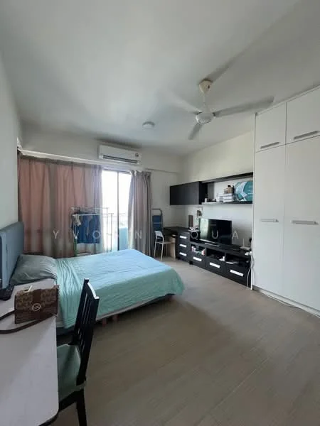 Bedroom features: queen-size bed with light blue bedding, wall-mounted TV, black TV console, white built-in wardrobe, study desk with chair, ceiling fan, floor-to-ceiling window with sheer curtains, wooden flooring, air conditioning unit, clothes drying rack; style: modern; view: city.