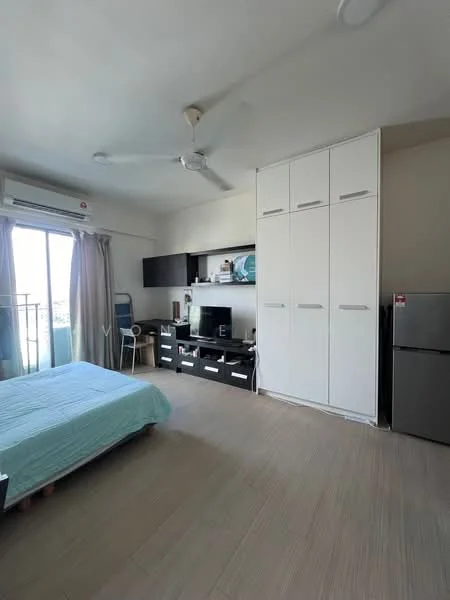 Bedroom features: queen-size bed with light blue bedding, built-in wardrobe with white doors, wooden flooring, ceiling fan, window with sheer curtains, TV console with TV, refrigerator, study desk with chair, wall-mounted shelves, decorative items on shelves; style: modern; view: city.