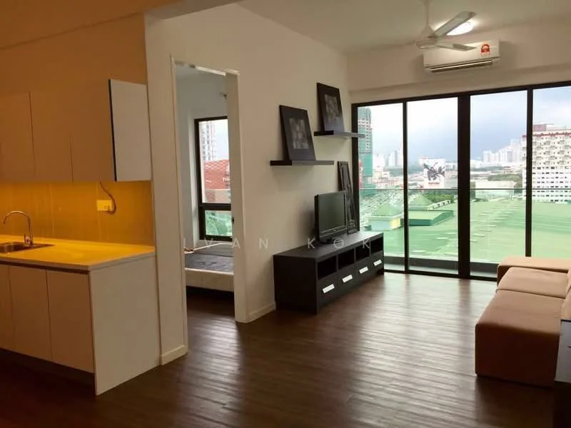 Living features: laminate flooring, 5-blade ceiling fan, floor-to-ceiling windows, sliding glass door, TV console, wall-mounted TV, sofa in beige, coffee table, decorative wall frames; style: modern; view: city. Kitchen features: white cabinetry, single-bowl stainless-steel sink, chrome pull-down faucet, countertop with under-cabinet lighting; style: modern. Room features: bed with bedding, doorway leading to bedroom.