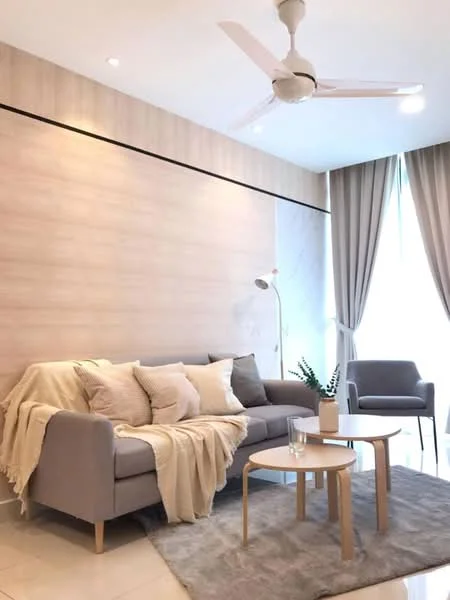 Living features: 3-seater fabric sofa in grey, decorative throw blanket, 2 accent pillows, wooden coffee table, area rug with neutral color, floor lamp, ceiling fan with light, curtains in light fabric, wall with wood paneling, light-colored tiled flooring, greenery in a vase; style: modern.