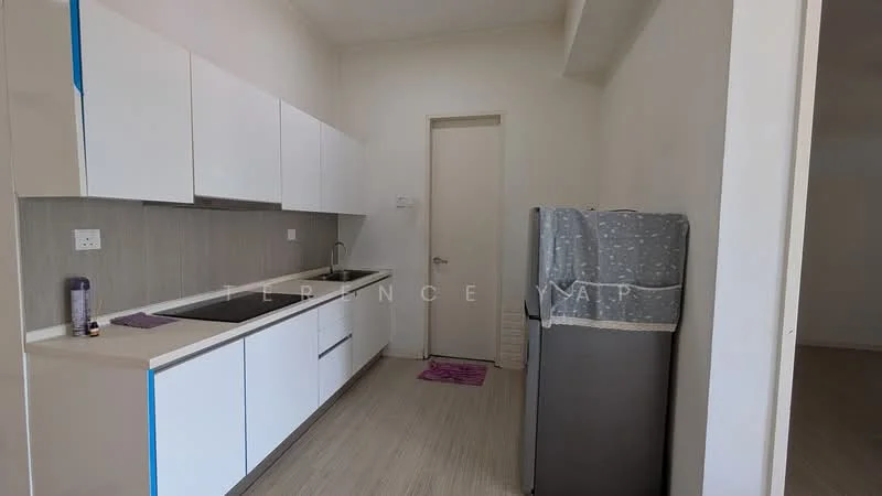 Kitchen features: white cabinetry, single-bowl stainless-steel sink, chrome pull-down faucet, built-in countertop, grey tiled backsplash, stainless-steel fridge, laminate flooring, wall-mounted cabinet, door to hallway; style: modern.