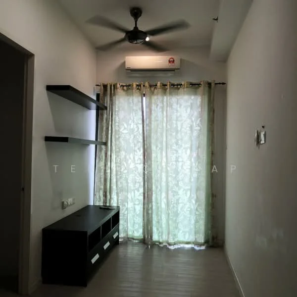 Room features: light wood laminate flooring, white painted walls, ceiling fan, wall-mounted split AC, floor-to-ceiling windows, sheer curtains with floral pattern, black floating shelves, black TV console with drawers; style: modern.