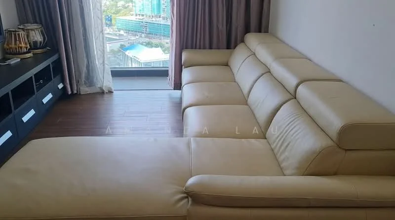 Living features: L-shape sectional sofa in beige leather, wooden flooring, floor-to-ceiling windows, sheer curtains, TV console with storage, decorative items on console, city view from window, natural light from window; style: modern; view: city.