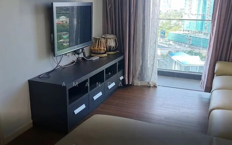 Living features: light brown laminate flooring, cream leather sofa, black TV console with drawers, wall-mounted flat-screen TV, large windows with city view, curtains in light grey, decorative wooden drums, area rug; style: modern; view: city.