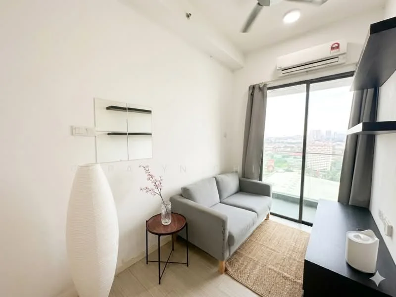Room features: grey fabric sofa, round wooden side table, white floor lamp, large glass sliding door, curtains, ceiling fan, recessed lighting, wooden flooring, decorative wall mirror, area rug; style: modern; view: city.