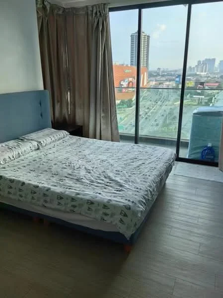 Bedroom features: king-size bed, upholstered headboard, bedding with patterned design, floor-to-ceiling windows, curtains, wooden flooring, nightstand, city view; style: modern; view: city.