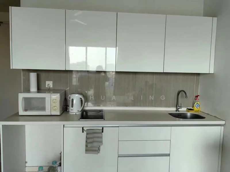 Kitchen features: white cabinetry, grey backsplash, single-bowl stainless-steel sink, chrome pull-down faucet, built-in microwave, electric stove, kettle, dish soap, countertop with storage, towel rack; style: modern.