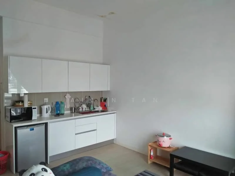 Kitchen features: white cabinetry, stainless-steel fridge, microwave, ceramic cooktop, single-bowl stainless-steel sink, chrome pull-down faucet, grey countertop, tile backsplash, wooden flooring, open shelving, kitchen utensils visible, small dining table, seating area with cushions; style: modern.
