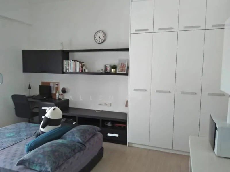 Bedroom features: queen-size bed with blue bedding, white built-in wardrobe with multiple doors, black wall-mounted shelf, desk with black chair, wall clock, decorative items on shelf, light wood flooring, panda plush toy on bed; style: modern.