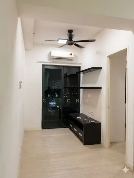 Room features: white painted walls, light wood flooring, 5-blade ceiling fan, wall-mounted split AC, black floating shelves, black TV console, glass sliding door, city view through glass door; style: modern; view: city.