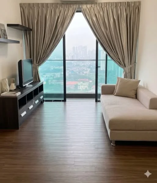 Living features: floor-to-ceiling windows, grey curtains, light wood flooring, L-shape sectional sofa in beige, TV console with storage, wall-mounted TV, decorative shelf, city skyline view; style: modern; view: city.