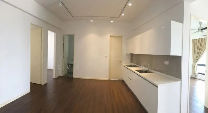 Kitchen features: white cabinetry, single-bowl stainless-steel sink, chrome pull-down faucet, grey tiled backsplash, laminate countertop, built-in oven, freestanding range oven, recessed downlights, wooden flooring, open layout; style: modern. Room features: white painted walls, wooden flooring, recessed lighting, doorway to bathroom, doorway to other rooms.