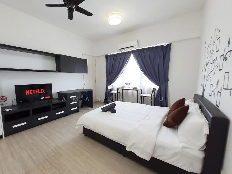 Bedroom features: queen-size bed with white bedding, upholstered headboard, 2 brown decorative pillows, black bedside table, wall-mounted TV, black TV console with storage, ceiling fan, window with sheer curtains, dining table for 2, 2 chairs, light-colored wood flooring, wall art with tree design, air conditioning unit; style: modern.