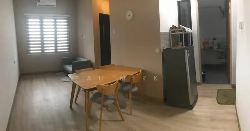 Dining features: wood dining table, 4 wooden dining chairs, laminate flooring, wall clock, light switch, neutral wall color, large window with horizontal blinds; style: modern. Living features: fabric sofa, laminate flooring, neutral wall color, light switch, large window with horizontal blinds; style: modern.