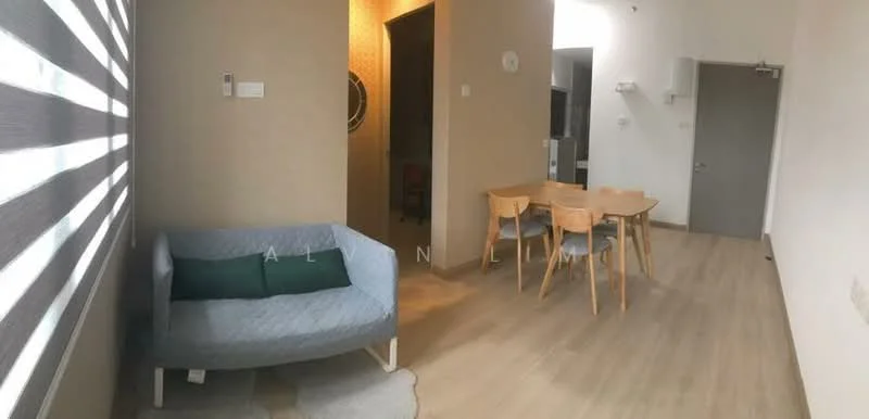Living features: light grey fabric sofa, wooden dining table for four, wooden dining chairs, laminate flooring, white walls, striped window blinds, wall-mounted air conditioning unit, decorative wall paneling, recessed lighting; style: modern.