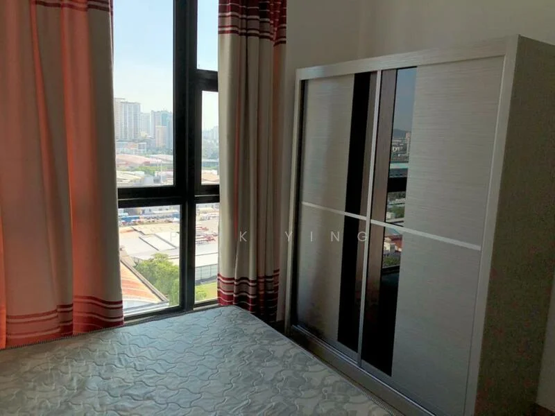 Bedroom features: floor-to-ceiling windows, curtains with red and white stripes, built-in wardrobe with sliding doors, queen-size bed, mattress, city view, light-colored walls, carpeted flooring; style: modern; view: city.