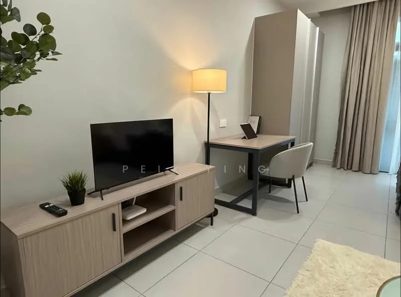 Room features: light wood TV console, black flat-screen TV, table lamp with beige shade, grey study desk, white walls, light grey floor tiles, curtains in neutral tone, indoor plant in ceramic pot; style: modern.