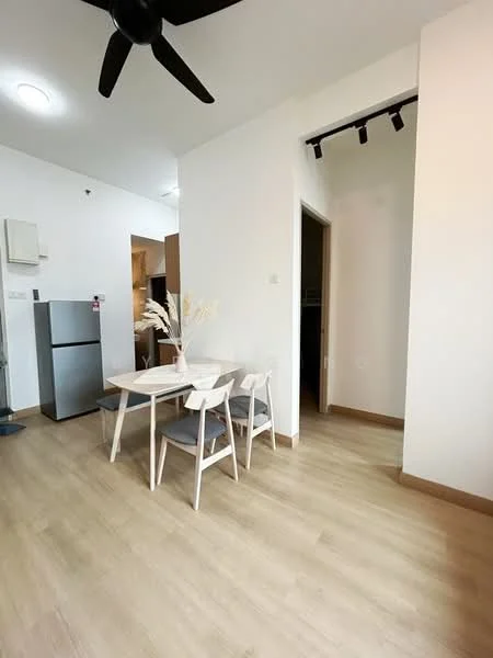 Dining features: light wood dining table, 2 white dining chairs, grey upholstered seat cushions, laminate flooring, white painted walls, ceiling fan, recessed lighting, open layout to kitchen, fridge, doorway to hallway; style: modern.