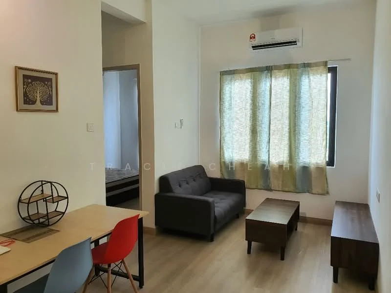 Living features: grey fabric sofa, wood coffee table, wood dining table, red dining chairs, wall-mounted split AC, floor-to-ceiling window, curtains with patterned design, light wood flooring, white painted walls; style: modern.