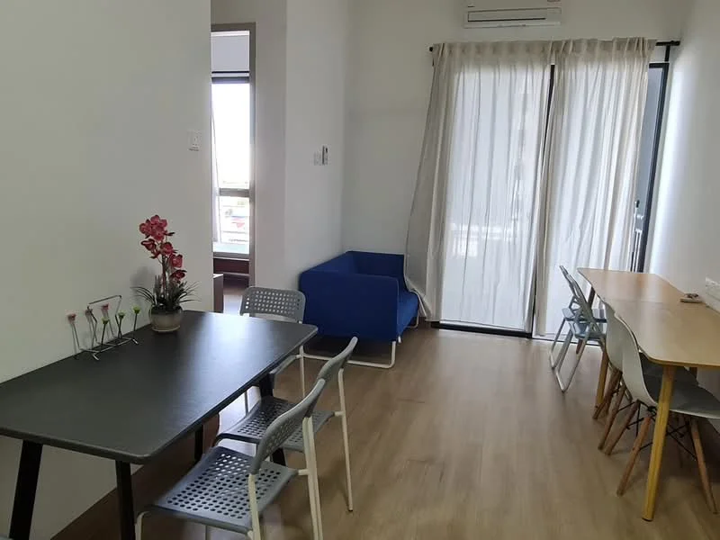 Living features: light wood flooring, white painted walls, large sliding glass door, sheer curtains, blue fabric sofa, black dining table, 4 white plastic chairs, 2 wooden dining chairs, decorative potted plants, air conditioning unit on wall; style: modern.