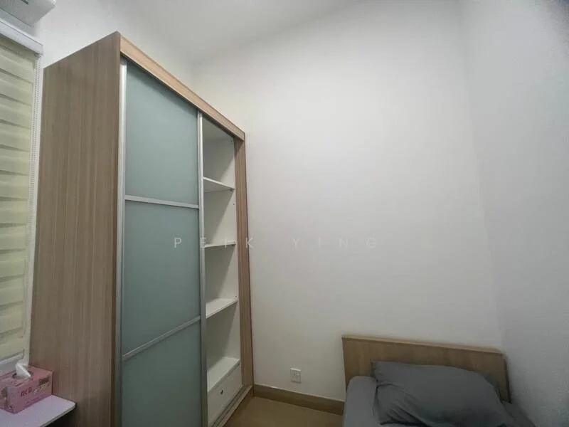 Bedroom features: single bed, wooden bed frame, built-in wardrobe with sliding doors, light-colored wood cabinetry, grey bedding, white walls, laminate flooring, window with blinds; style: modern.