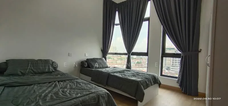 Bedroom features: two beds, grey bedding, floor-to-ceiling windows, city view, dark curtains, wooden flooring, white walls, built-in wardrobe; style: modern; view: city.