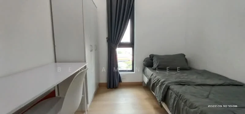 Bedroom features: single bed with grey bedding, white built-in wardrobe, study desk with white chair, floor-to-ceiling window, grey curtains, wooden flooring, neutral wall colour, decorative wall art; style: modern; view: city.