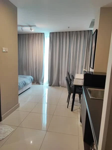 Room features: grey bed with blue bedding, floor-to-ceiling windows with sheer curtains, grey striped curtains, white tiled flooring, black countertop, stainless-steel sink, black dining table with four chairs, track lighting, wall-mounted mirror, neutral painted walls; style: modern.