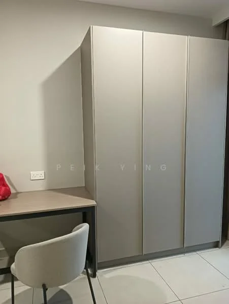 Room features: built-in wardrobe with sliding doors, light grey cabinetry, desk with flat surface, white chair, neutral wall colour, tile flooring; style: modern.