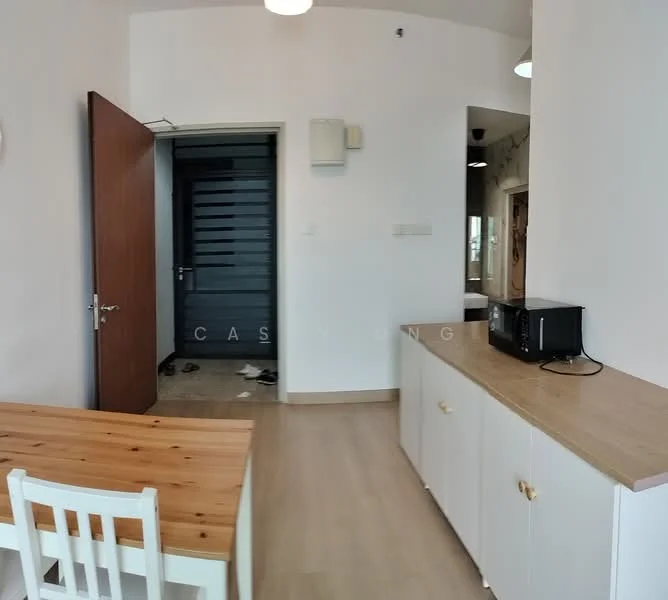 Room features: wooden dining table, white dining chairs, white cabinetry, wood countertop, microwave, light-colored flooring, white walls, door leading to another room, wall-mounted air conditioning unit, light fixtures on ceiling; style: modern.